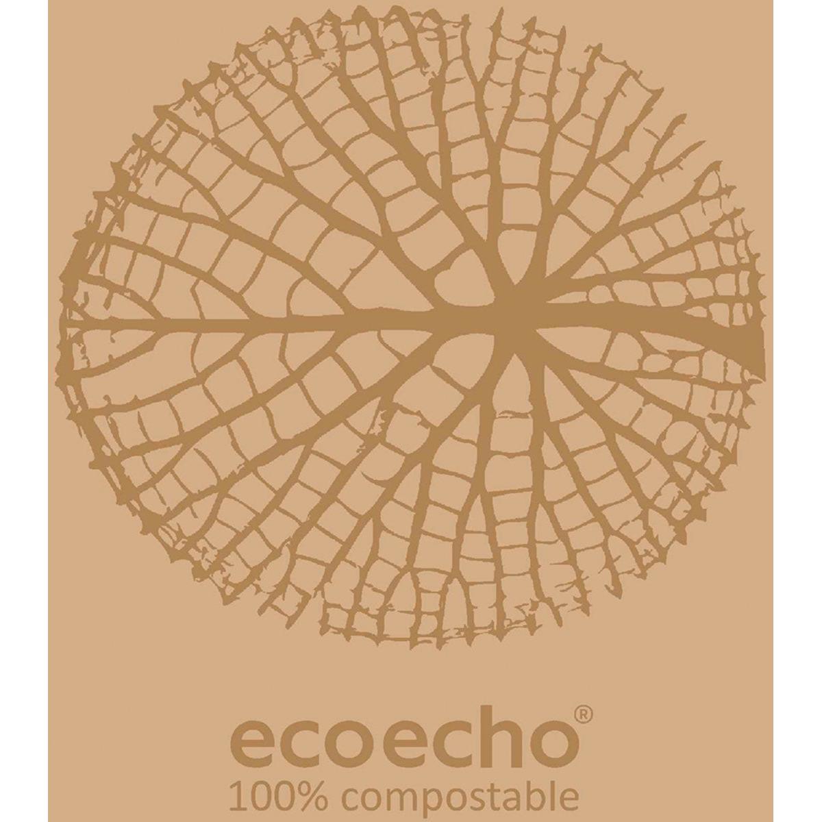 A stylized, circular leaf skeleton appears above the lettering "ecoecho 100% compostable" on beige and underscores the biodegradable and environmentally friendly properties of the Duni GmbH cellulose napkins 40x40 cm 2-ply 1/8 book fold Organic (300 pieces).