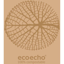 Ein stilisiertes, kreisrundes Blattskelett erscheint über dem Schriftzug "ecoecho 100% kompostierbar" auf beige und unterstreicht die biologisch abbaubaren und umweltfreundlichen Eigenschaften der Duni GmbH Zelltuchservietten 40x40 cm 2-lagig 1/8 Buchfalz Organic (300 Stück).