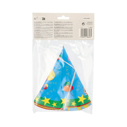 Tá cúig hata páirtí cónúil ildaite '5 Hataí PAPSTAR' le móitíf féile i bpacáistiú soiléir de chuid PAPSTAR GmbH, agus tá treoracha úsáide agus cód barra ar an lipéad uachtarach.