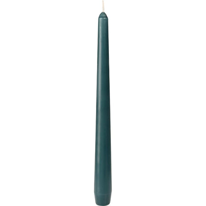 A single dark green taper candle from Duni GmbH (250 x 22 mm, approx. 7h burn time) with a smooth surface and white wick stands upright against a white background.