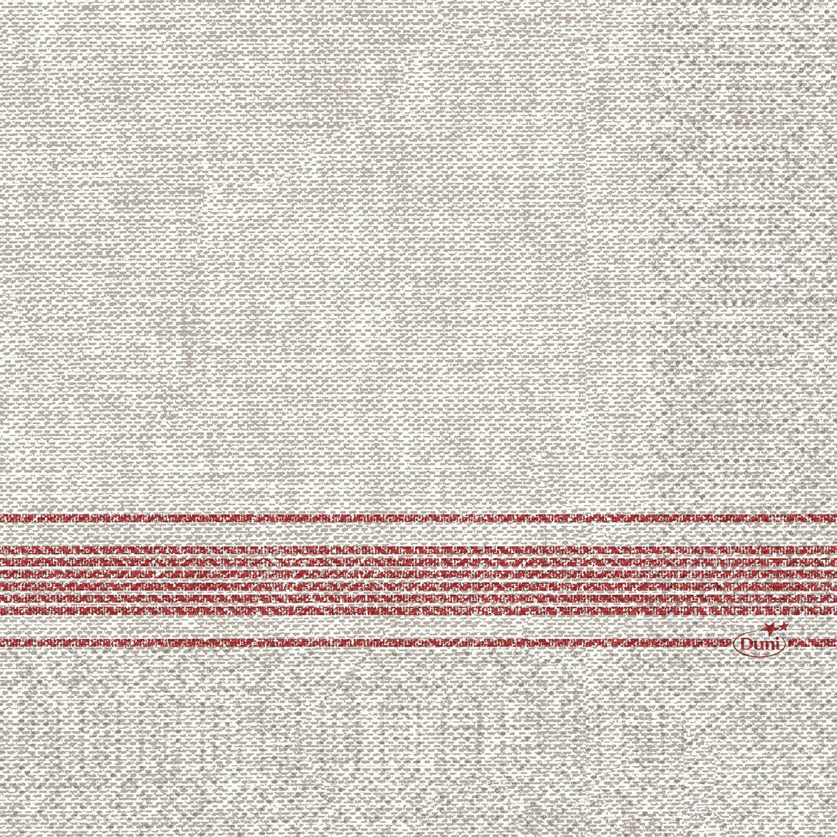 Tá na naipcíní ceallalóis 33 x 33 cm seo, 3-shraith ó Duni GmbH i Cocina bordeaux, le fabraic struchtúir beige le stríoca dearga trasna agus an téacs "Duni" i gcló dearg ar an imeall; tá 250 píosa sa phacáiste.