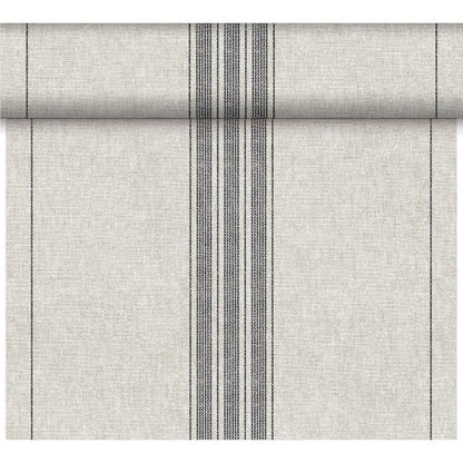 The Dunicel table runner Tête-à-Tête by Duni GmbH (24 m x 0.4 m, 20 parts) is in light gray with a textured surface and three narrow black stripes - ideal for elegant table decorations or stylish tête-à-tête situations.