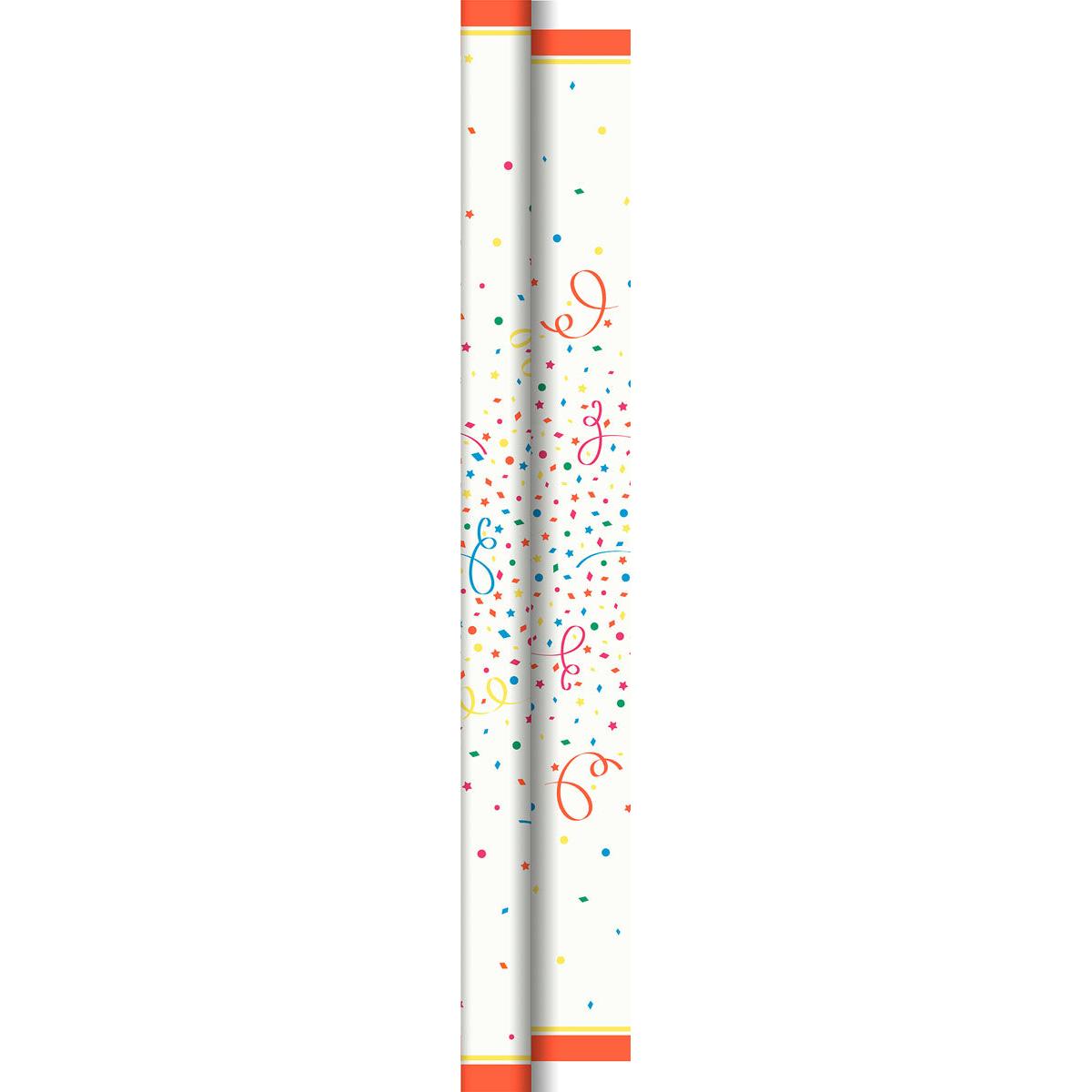 Vertikale Abbildung der Dunicel-Tischdeckenrollen 1,18m x 40 m "Confetti" von Duni GmbH mit buntem Konfetti und Luftschlangen auf weißem Grund, orangefarbenen Rändern oben und unten, sowie bunten Punkten, Sternen und Schnörkeln für einen festlichen Look.