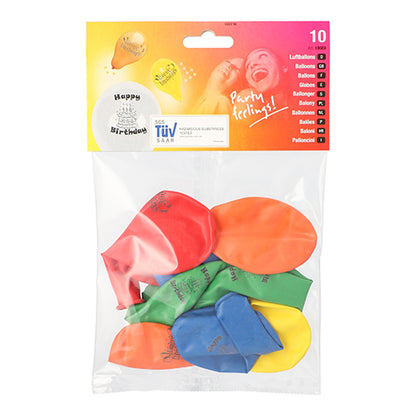 Pacáistiú plaisteach trédhearcach na PAPSTAR GmbH le 10 balún aer "Happy Birthday" ildaite (Ø 22 cm). Tá "Party feeling!!!", grafaic balúin agus líon (10) scríofa ar an mála - foirfe don mhaisiúchán breithlá.