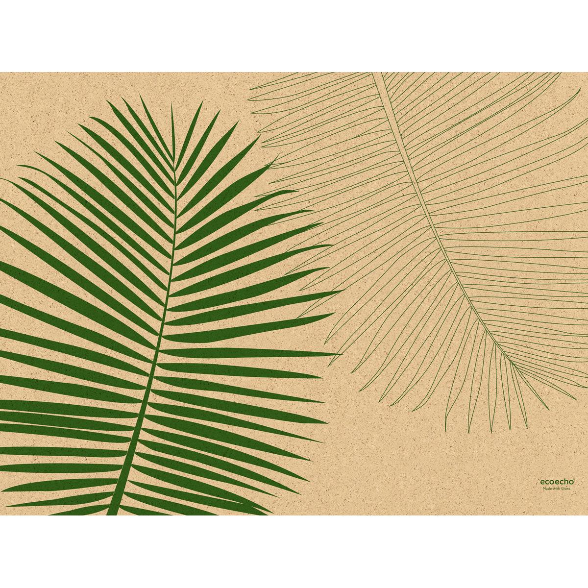 Two palm leaves on a beige background adorn the paper placemat (30x40 cm) from Duni GmbH - ideal for parties. The package contains 250 pieces; "ecoecho" is at the bottom right.