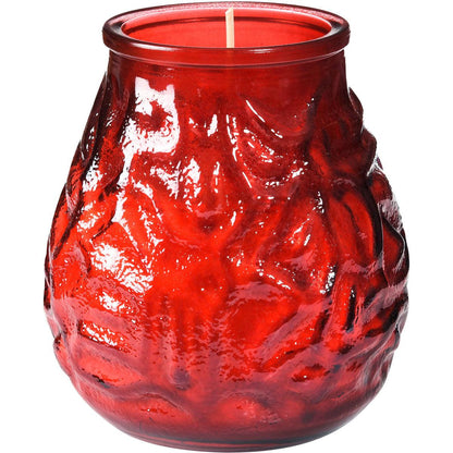 The red Duni GmbH candle glasses Venezia (100 x 100 mm, approx. 70h) are characterized by embossed glass, a glossy surface, a wide round shape, and a single white wick - an elegant accessory for any setting.