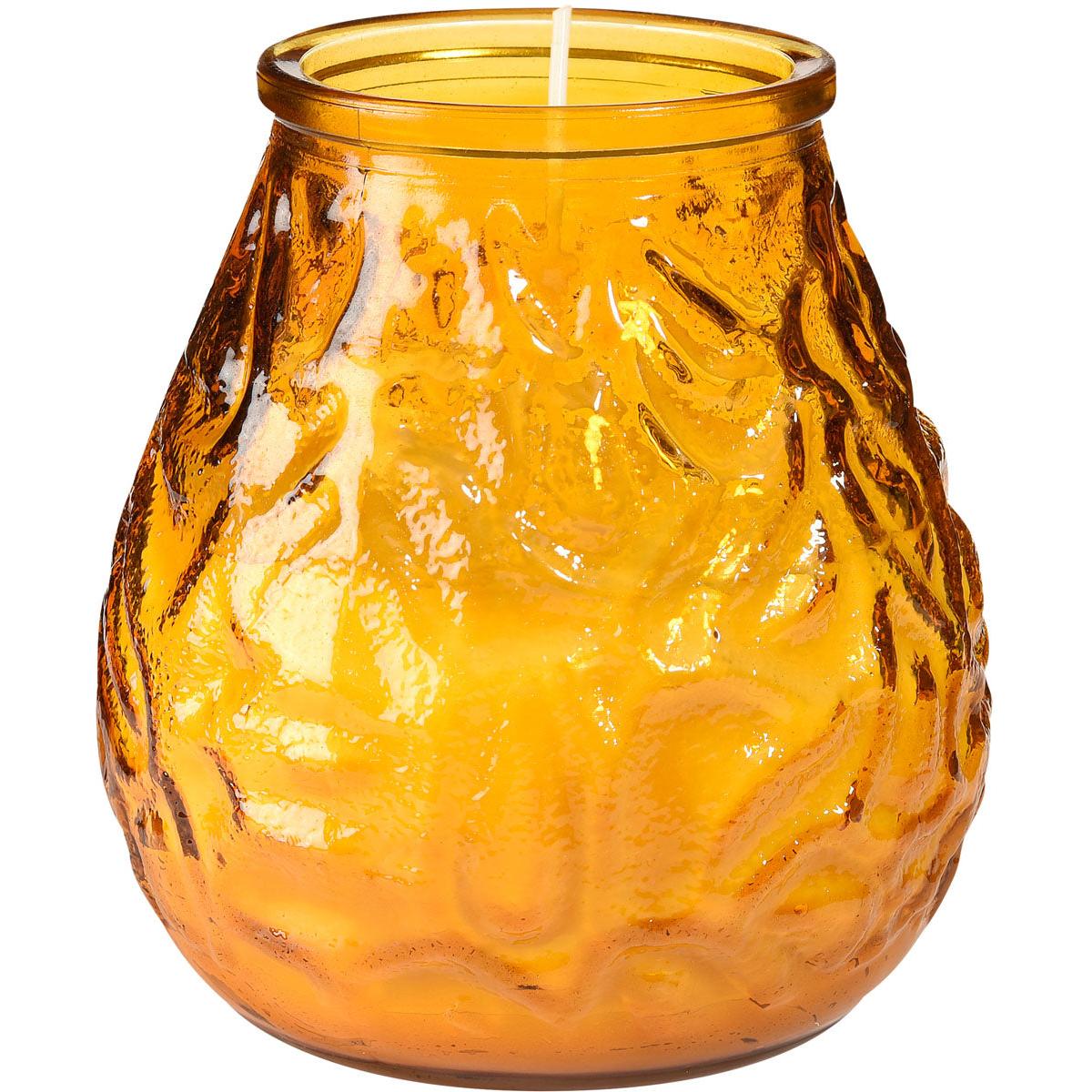 The yellow-orange wax of the Duni GmbH candle glasses Venezia (approx. 70h, 100 x 100 mm) matches the floral-patterned, textured glass container with a wide, tapering bottom, providing an elegant, stylish look.