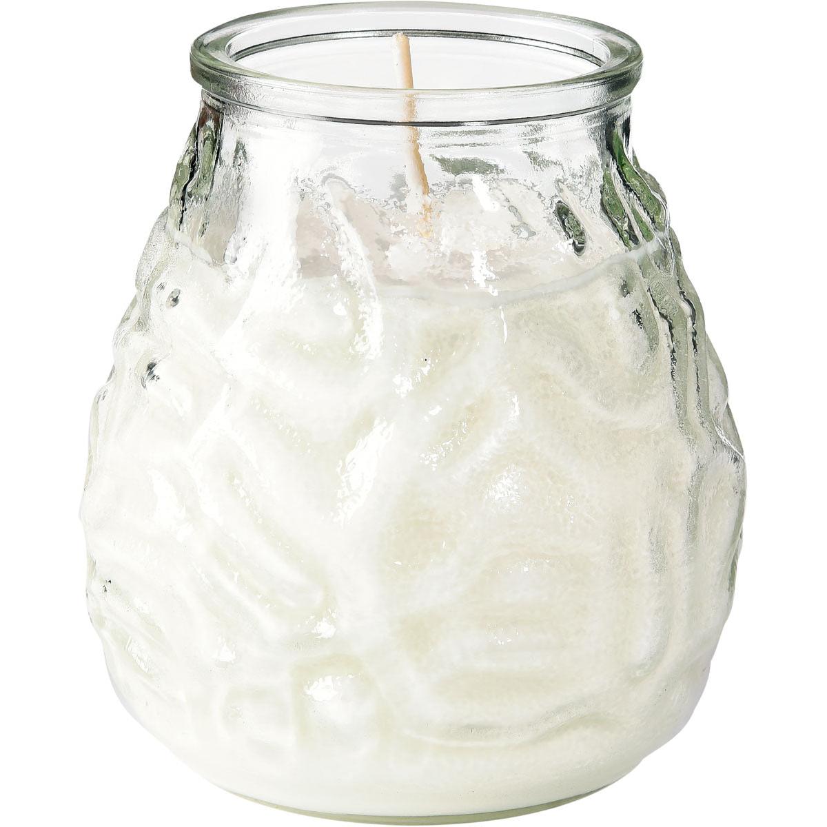 The candle glasses Venezia from Duni GmbH (approx. 70h, 100 x 100 mm) have a clear, textured surface, white wax, and a single wick in the center - an elegant accessory that also serves as a decorative candle.