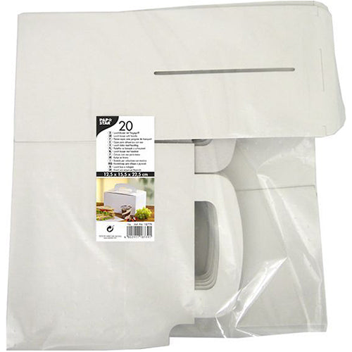 A transparent packaging of PAPSTAR GmbH contains 20 flat white lunch boxes “pure” made of cardboard (12.5 x 15.5 x 22.5 cm) with a carrying handle. The label shows product information, an assembled cardboard image, and highlights environmentally friendly cardboard.