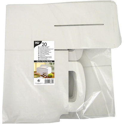 A transparent packaging of PAPSTAR GmbH contains 20 flat white lunch boxes “pure” made of cardboard (12.5 x 15.5 x 22.5 cm) with a carrying handle. The label shows product information, an assembled cardboard image, and highlights environmentally friendly cardboard.
