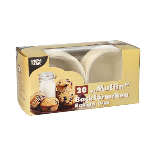 Eine Schachtel mit 20 weißen PAPSTAR Muffins-Backförmchen (Ø 5 cm, 3,5 cm hoch) der PAPSTAR GmbH kommt in einer Faltschachtel mit Sichtfenster und Muffin-Motiv.