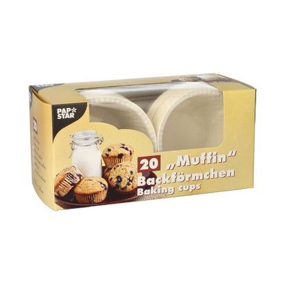 Tagann bosca le 20 cupán bácála muffin bán PAPSTAR (Ø 5 cm, 3.5 cm ar airde) ón PAPSTAR GmbH i mbosca fillte le fuinneog amhairc agus móitíf muffin.