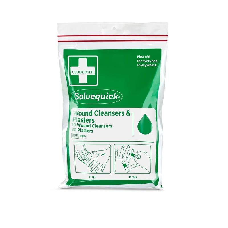 A green-white package from Orkla Wound Care AB contains 10 Salvequick wound cleaners and 20 bandages in a resealable bag with illustrations for use - ideal for on the go.