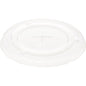 A transparent, round flat lid with cross slot for 188001-2 made from rPET by Duni GmbH with raised edge, smooth surface, and straw opening. Pack (60 pieces). Ideal as sustainable food packaging against a white background.