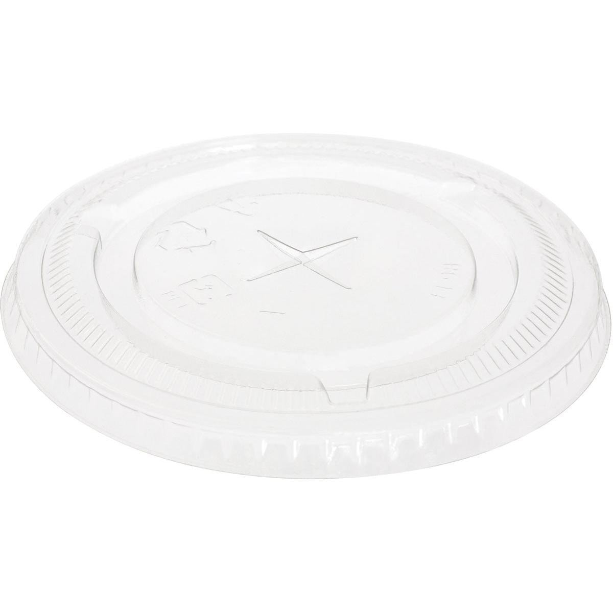 The flat lid with cross slot for 188004-6 from Duni GmbH is a transparent rPET lid with a raised edge and X-shaped straw slot, featuring recycling symbols and embossed markings. Package: 50 pieces.