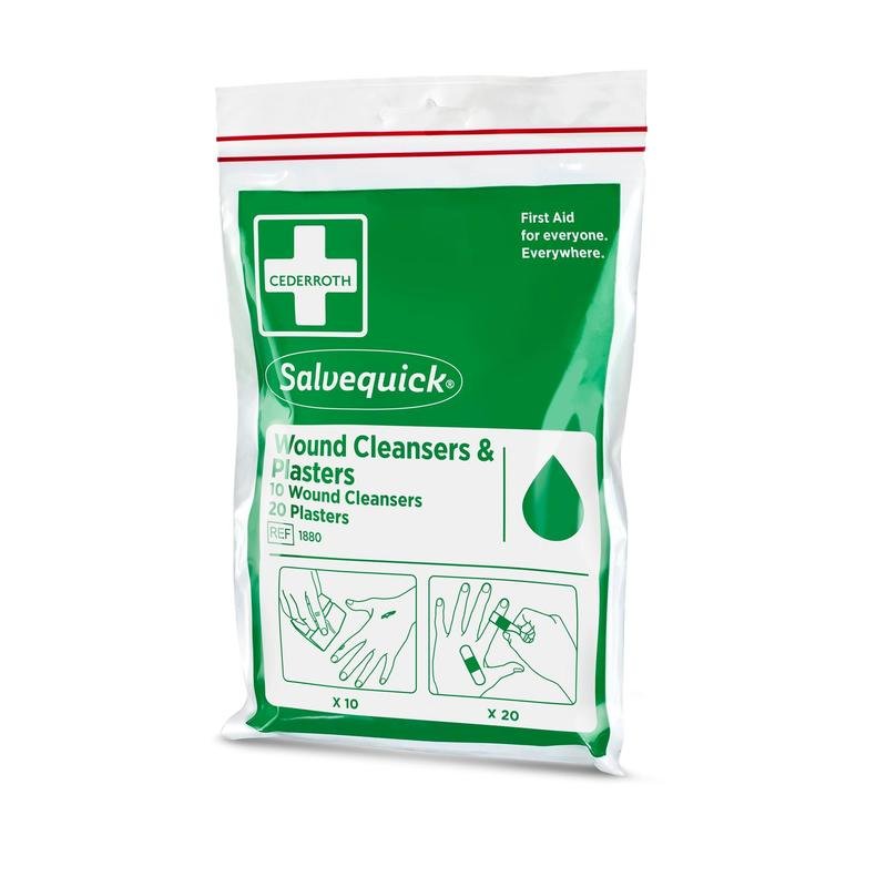 A sealed Orkla Wound Care AB set with Salvequick wound cleaner (10 pieces) and bandages (20 pieces) in a zipper bag - ideal for on the go, with illustrated application instructions on the packaging.