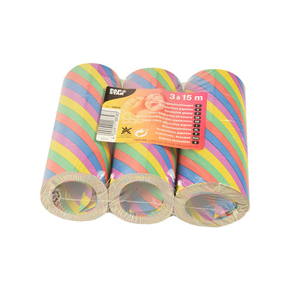 Trí rolla PAPSTAR de 3 sruthán ollmhóra (15 m, lasairdhíonach) ón PAPSTAR GmbH, le stríoca fiarlíne ildaite agus pacáistiú plaisteach le lipéad oráiste – iontach chun cóisir a mhaisiú.