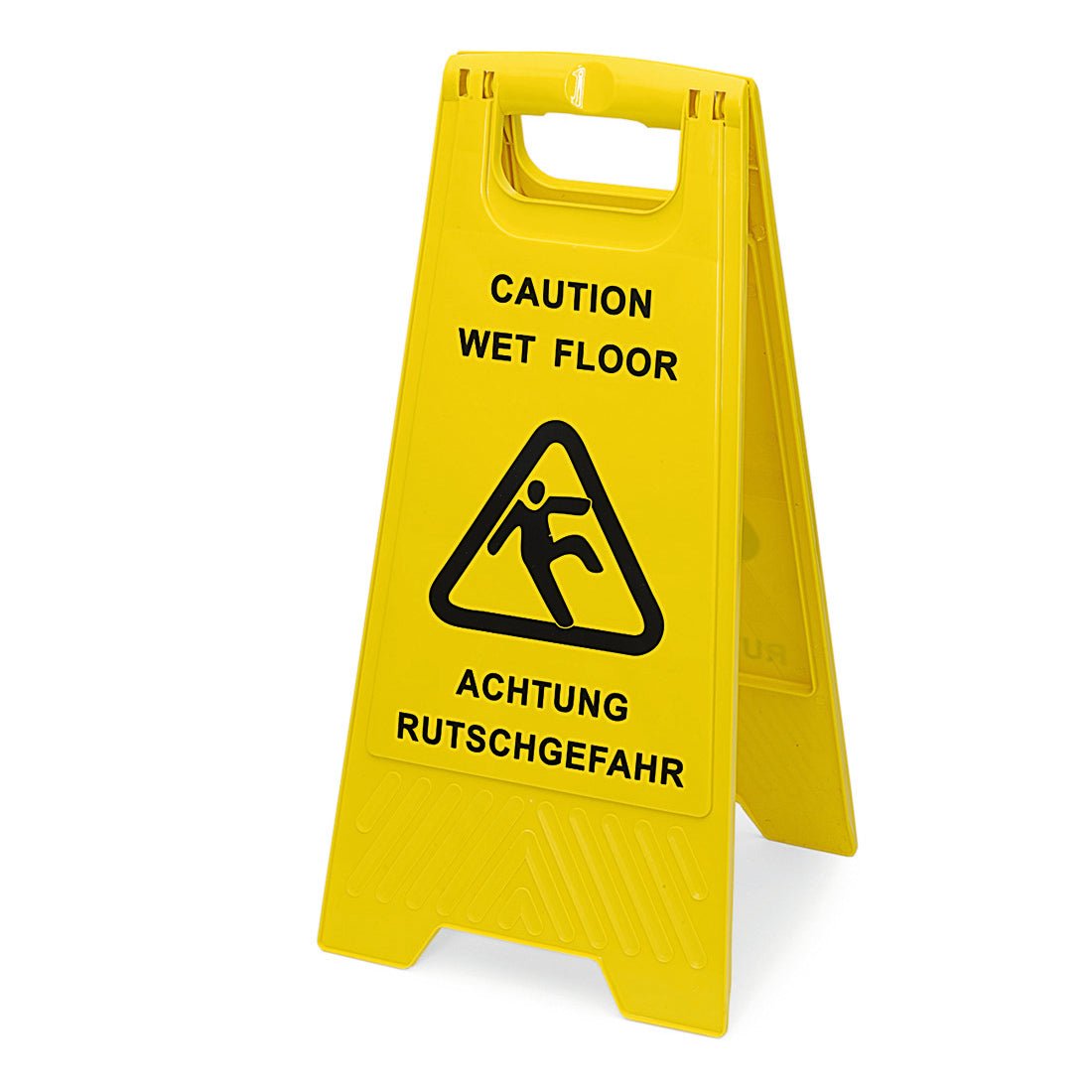 Tá comhartha rabhaidh "Riosca Sleamhnaithe" (30x63 cm, dhá thaobh) de chuid Nölle Profi Brush, le teicneolaíocht scuab & scuab péint Nölle Profi Brush e.K., i litir dhubh agus siombail duine ag sleamhnú, ar oscailt ar an urlár.