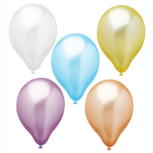 Five shiny PAPSTAR balloons (Ø 25 cm, assorted colors) from PAPSTAR GmbH are arranged in a gentle arc on a plain white background.
