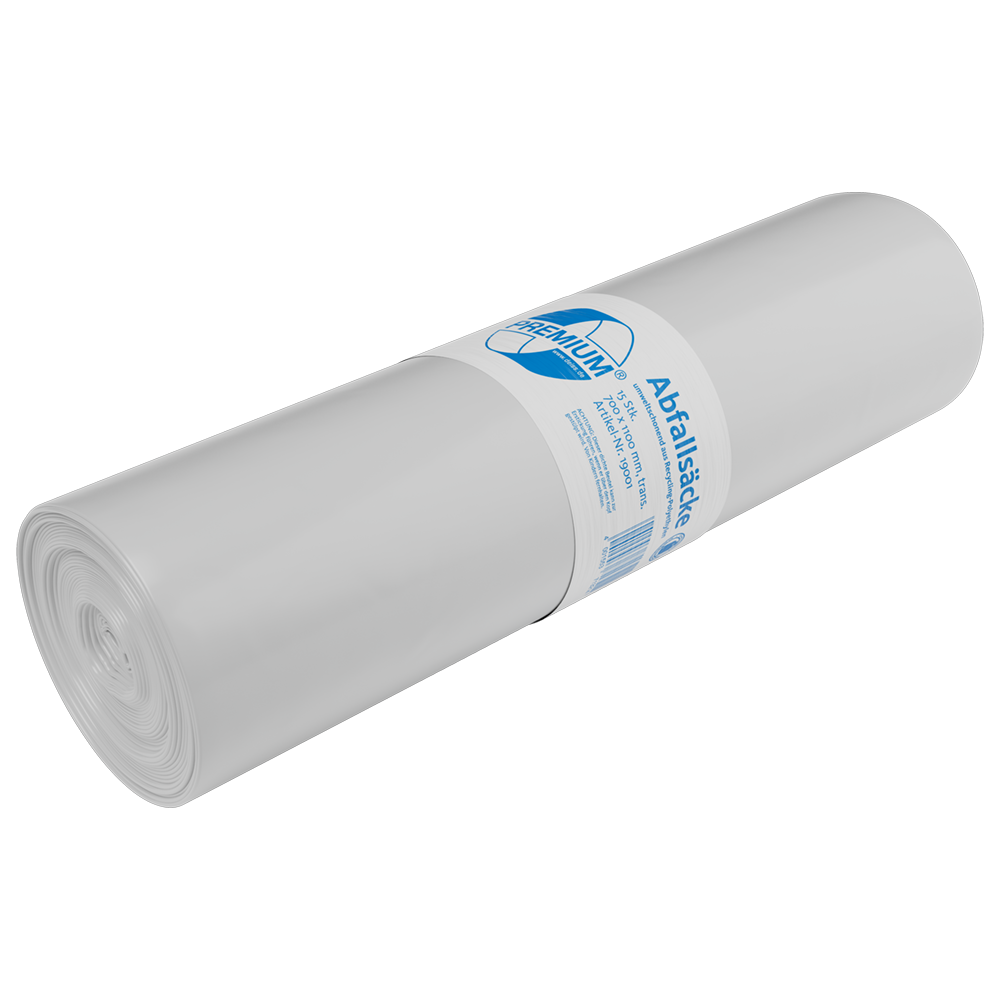 Eine transparente 120 l-Rolle DEISS PREMIUM® Abfallsäcke aus Recycling-LDPE (15 Stück) der EMIL DEISS KG (GmbH + Co.), mit einem Mittellabel mit Produktinfo und Branding für die umweltgerechte Entsorgung.