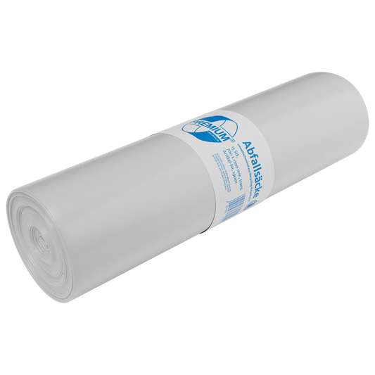 Eine transparente 120 l-Rolle DEISS PREMIUM® Abfallsäcke aus Recycling-LDPE (15 Stück) der EMIL DEISS KG (GmbH + Co.), mit einem Mittellabel mit Produktinfo und Branding für die umweltgerechte Entsorgung.