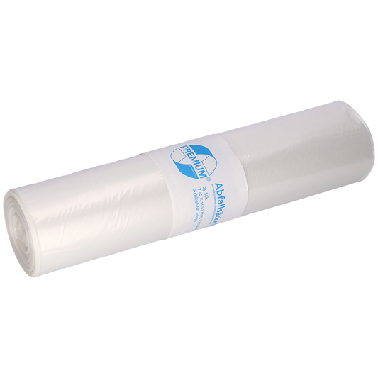 Ein DEISS 19002 transparenter Müllsack, 700x1100 mm Typ 60, von EMIL DEISS KG (GmbH + Co.), mit einem blau-weißen Etikett um die Rolle (25 Stück), abgebildet auf einem schlichten weißen Hintergrund.