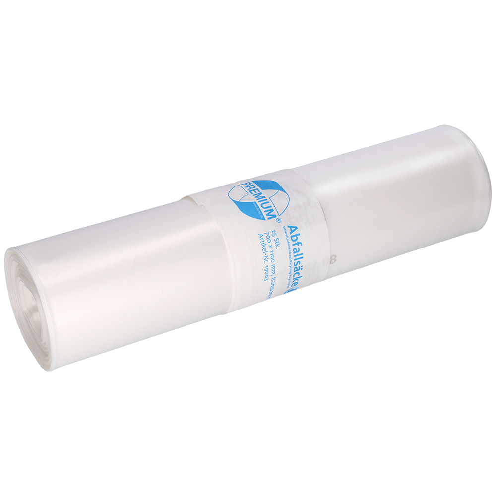 Pictured is a roll of EMIL DEISS KG (GmbH + Co.) DEISS 19003 garbage bags (700x1100x0.06 mm, transparent, 25 pieces) with a labeled wrapper with a blue logo on a white background.