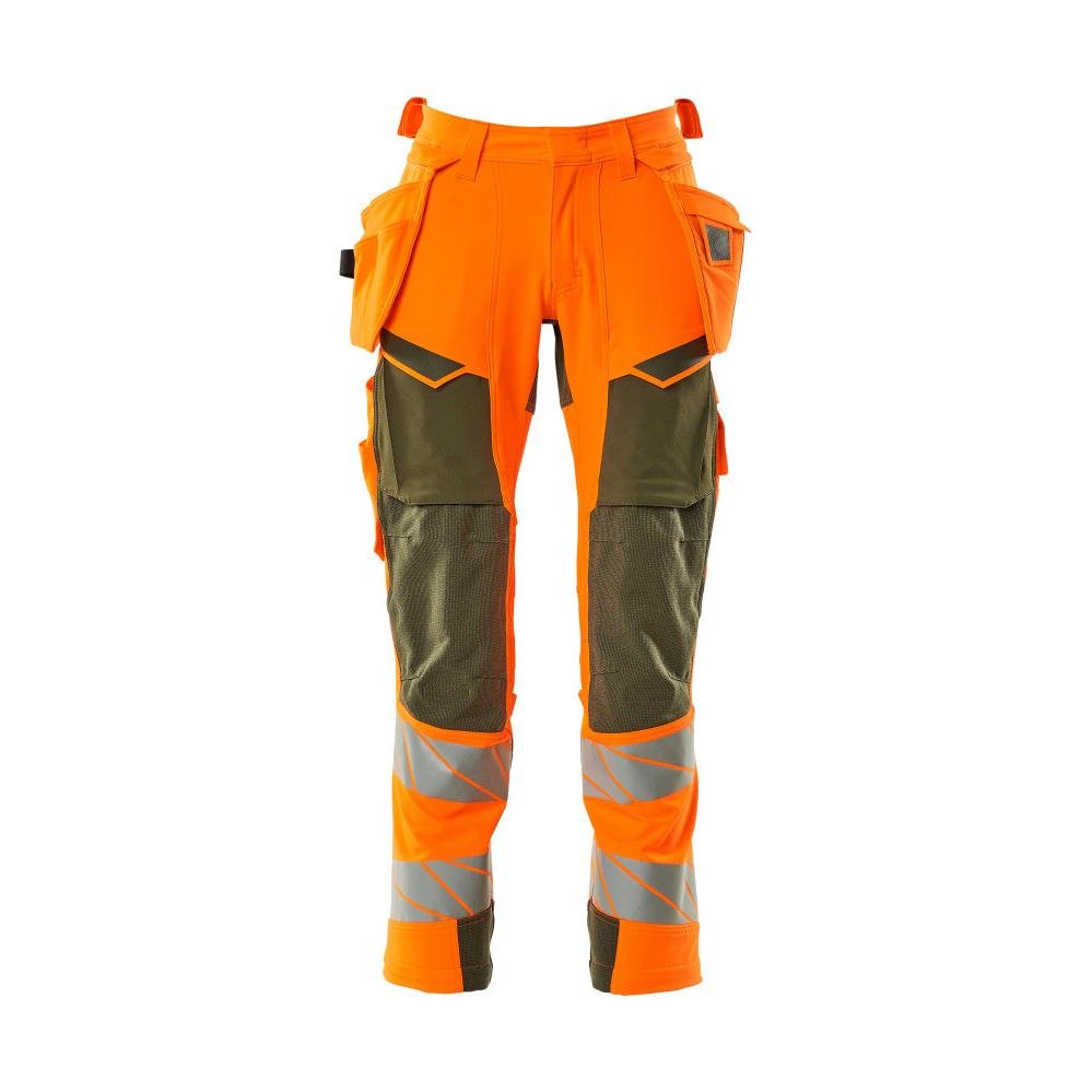 Pants with hanging pockets, ULTIMATE STRETCH pants, hi-vis orange/moss green