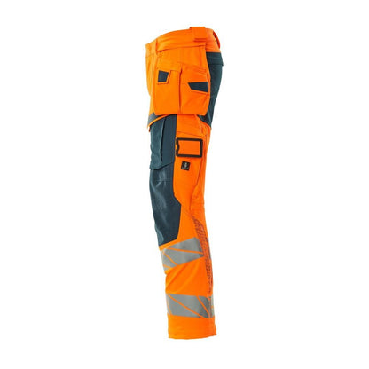 Pants with hanging pockets, ULTIMATE STRETCH pants, hi-vis orange/dark petroleum