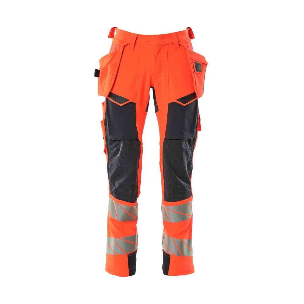 Pants with hanging pockets, ULTIMATE STRETCH pants, Hi-vis red/black-blue