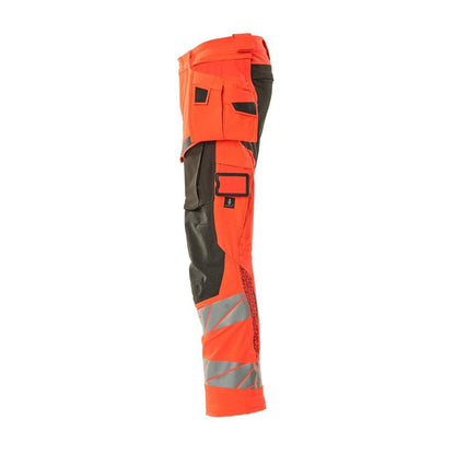 Trousers with hanging pockets, ULTIMATE STRETCH trousers, hi-vis red/dark anthracite