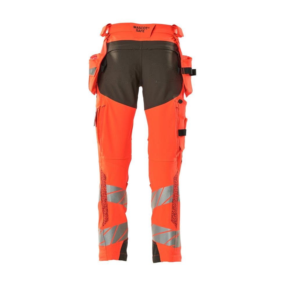 Trousers with hanging pockets, ULTIMATE STRETCH trousers, hi-vis red/dark anthracite