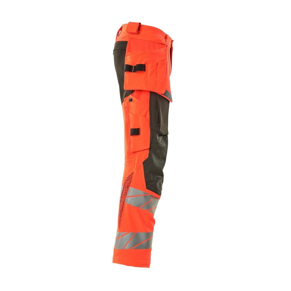 Trousers with hanging pockets, ULTIMATE STRETCH trousers, hi-vis red/dark anthracite