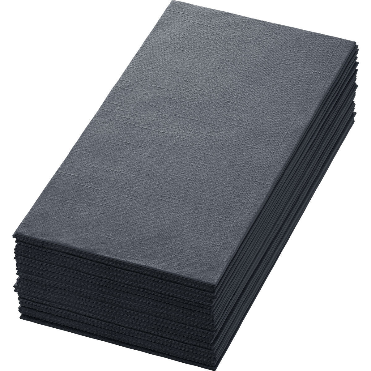 A neatly stacked pile of dark gray Dunilin napkins 48 x 48 cm 1/4 fold from Duni GmbH with a subtle texture pattern is presented on a plain white background.