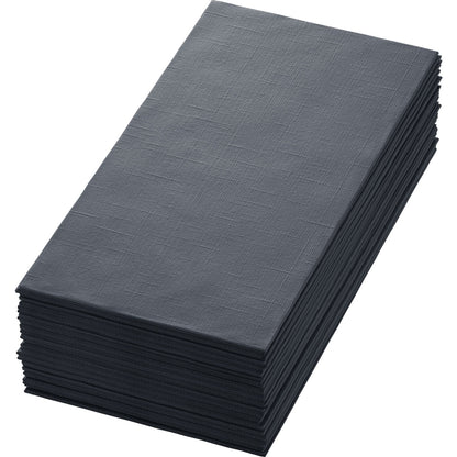 A neatly stacked pile of dark gray Dunilin napkins 48 x 48 cm 1/4 fold from Duni GmbH with a subtle texture pattern is presented on a plain white background.