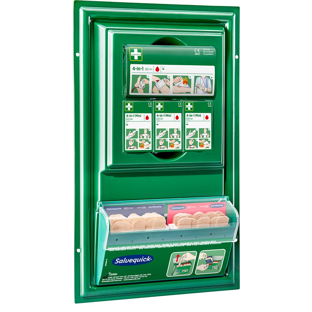 The Cederroth mini first aid panel by Orkla Wound Care AB is a green, wall-mounted first aid station with an illustrated guide, compartments for consumables, and a transparent cover with Salvequick adhesive bandages.