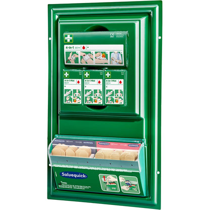 The Cederroth mini first aid panel by Orkla Wound Care AB is a green, wall-mounted first aid station with compartments for bandages and plasters. It features an illustrated guide above a transparent box with various adhesive bandages.