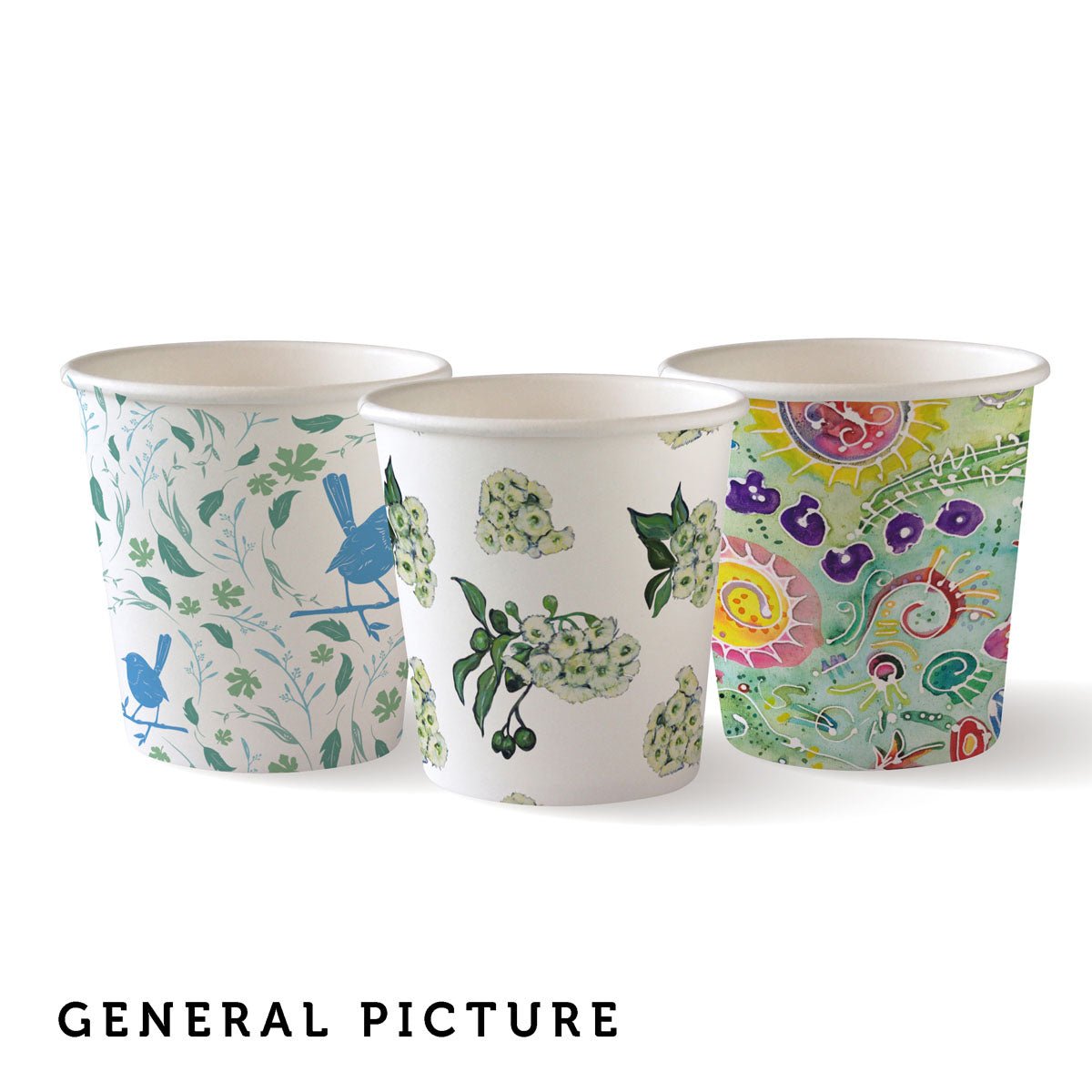 Three coffee mugs from the Art Series by Duni GmbH: a blue rabbit and plant print, a green flower mug, and a multicolored abstract design. These PAP/PLA cups are biodegradable and environmentally friendly. "GENERAL PICTURE" is depicted among them.