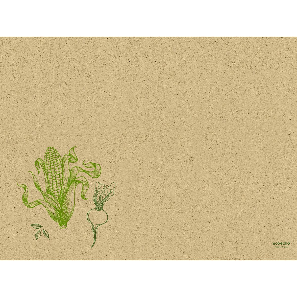 A structured brown grass paper placemat 30 x 40 cm Veggies by Duni GmbH features green veggie sketches and small "Ecoecho" and "sustainable" lettering that highlight these eco-friendly placemats. The package contains 250 pieces.