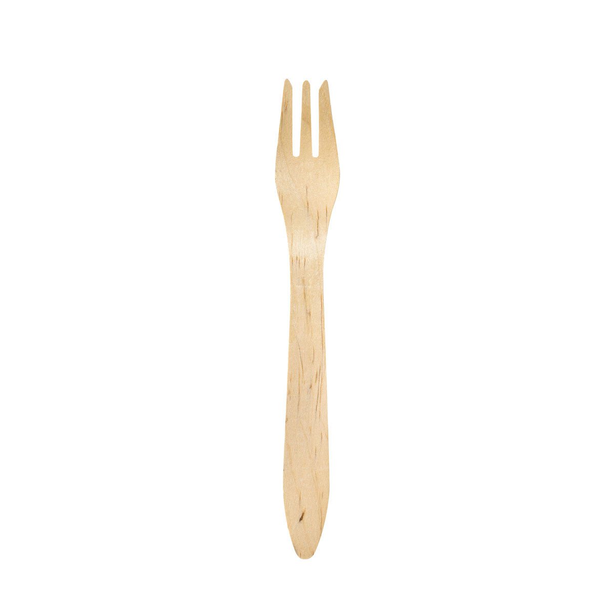 A single Duni GmbH fork 190 mm, waxed wood, stands upright against a white background - a minimalist example of sustainable disposable cutlery (Package: 100 pieces).