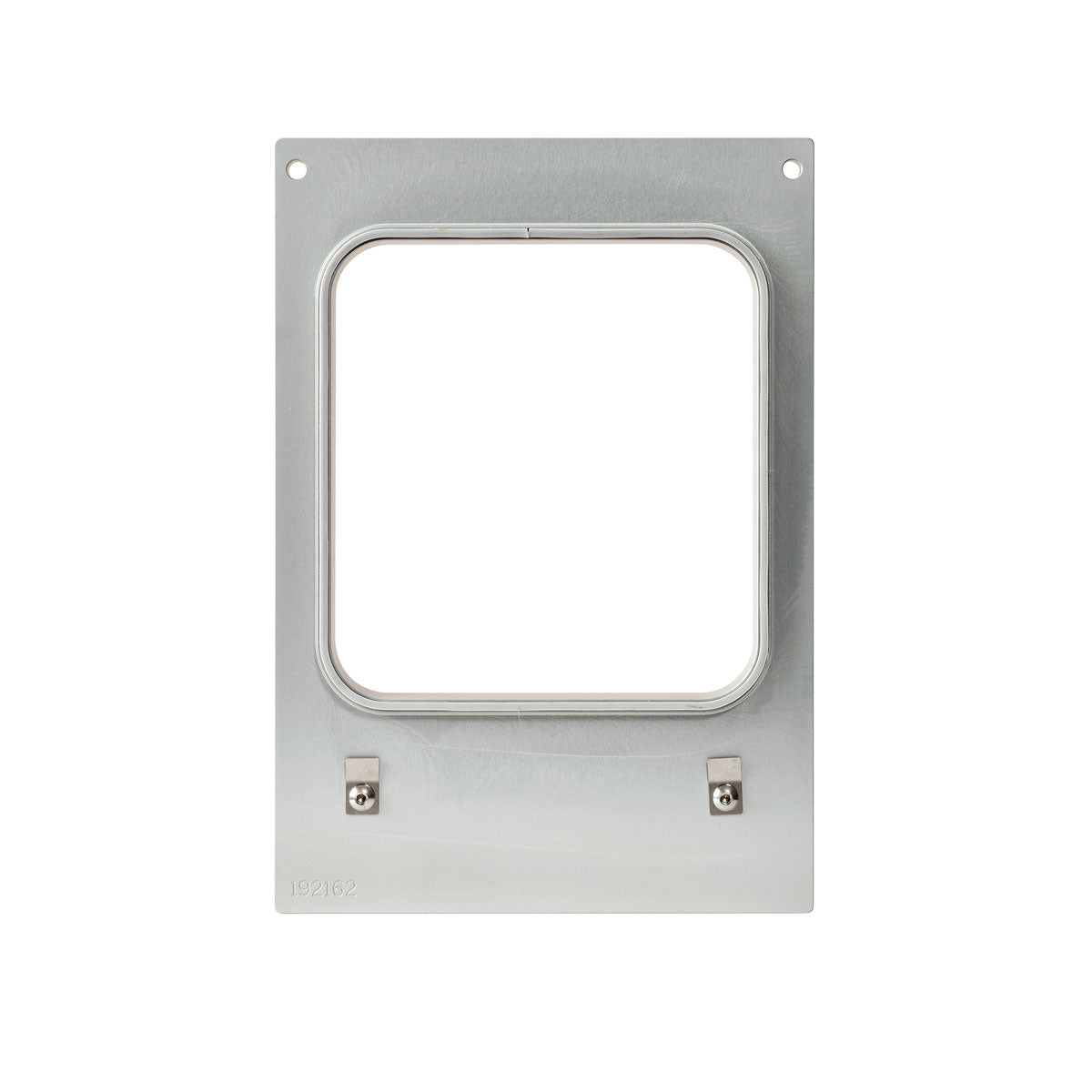 Die Kassette DF10/20 f. Forum Schale 918, 1114 ml der Duni GmbH ist ein stabiler rechteckiger Metallrahmen mit abgerundeten Ecken, zwei kleinen Clips unten und zwei Schraublöchern oben, abgebildet auf weißem Hintergrund.