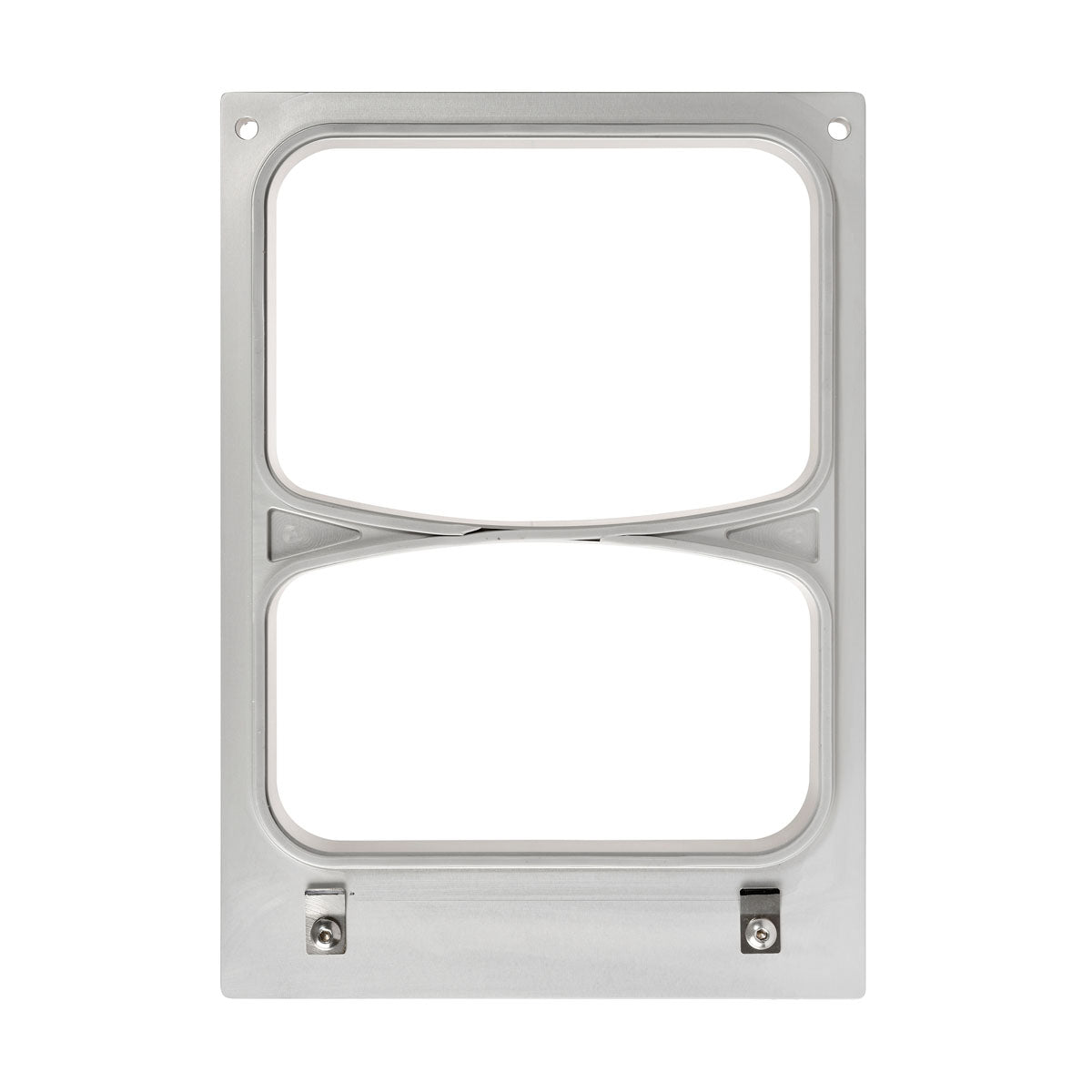 The DF10/20 2-comp cassette from Duni GmbH is a rectangular metal frame with rounded edges, two large cutouts, screws on the underside, and corner holes on the top for secure use with Fibretray Caterline 640/465 ml stock trays.