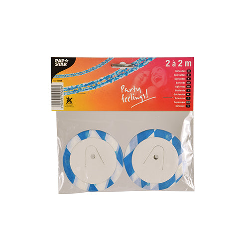 Tomhaiseann pacáiste le dhá ghirlandán páipéir stríocach gorm-bán (PAPSTAR GmbH), gach ceann rollta le croí bán agus an inscríbhinn “Partygefúile!” 2 x 2 méadar. Tá lógó PAPSTAR le feiceáil sa chúinne uachtarach clé.