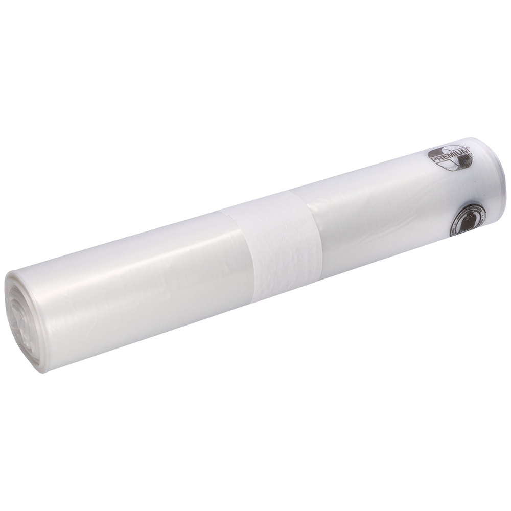 A roll of EMIL DEISS KG (GmbH + Co.) DEISS 19302 - 800x1000x0.05 mm transparent garbage bags (25 pieces) with a white label in the middle, depicted on a plain white background.