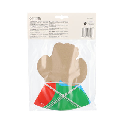 Tá pacáistiú plaisteach de chuid PAPSTAR GmbH ag áireamh le taispeántas cairtchláir donn i bhfoirm miotóg agus roinnt codanna plaisteacha cothroma dearga, glasa agus gorma i ndearaí ildaite le lipéad bán le faisnéis táirge, cód barra agus téacs '5 Hataí PAPSTAR'.