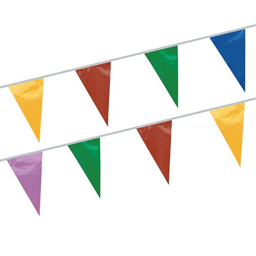 Two pennant chains from PAPSTAR GmbH in yellow, red, green, blue, and purple hang in a repeating pattern. Made of weatherproof foil, they are perfect for outdoor events.