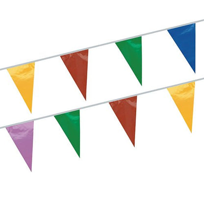Two pennant chains from PAPSTAR GmbH in yellow, red, green, blue, and purple hang in a repeating pattern. Made of weatherproof foil, they are perfect for outdoor events.
