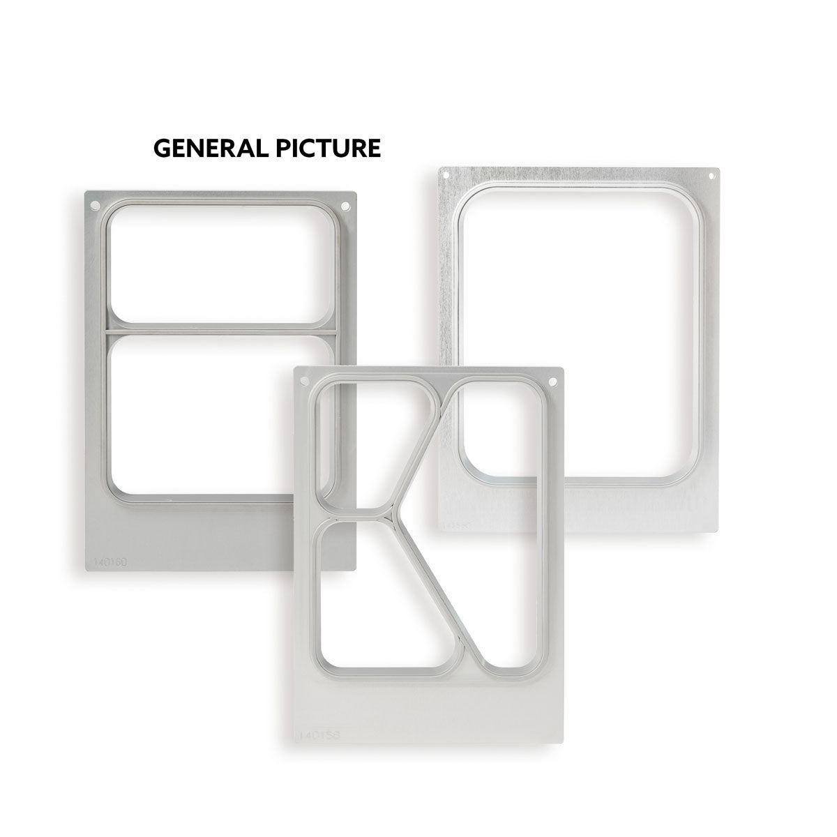 Three rectangular metal frames with different cut-out patterns, including the cassette DF15/25 for Forum Bowl 918, 1114 ml (2-use) by Duni GmbH, stand upright against a white background. The inscription "GENERAL PICTURE" is above the frames on the left.