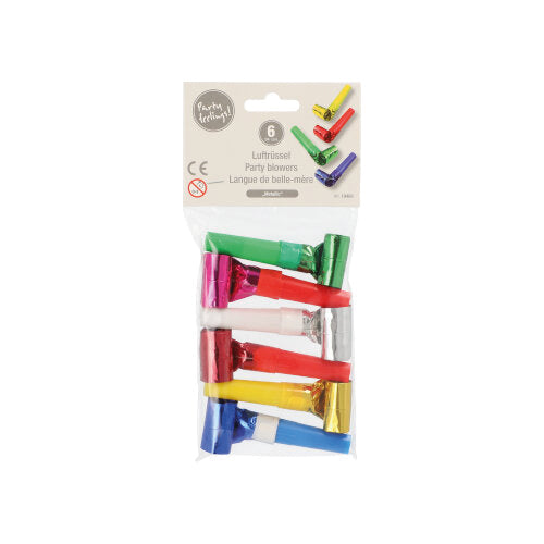 Eine durchsichtige Kunststoffpackung enthält sechs Partyrüssel der PAPSTAR GmbH in verschiedenen Farben mit Metallic-Oberflächen; das obere Etikett zeigt die Marke und weist darauf hin, dass sie nicht für Kinder unter drei Jahren geeignet sind.