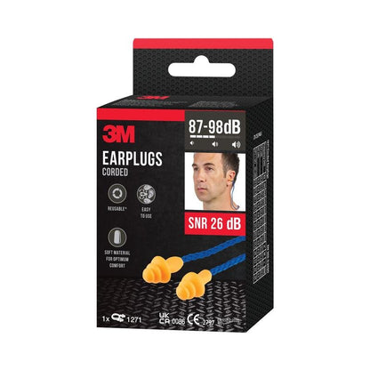 A box of 3M™ Earplugs with Cord 1271, Triple-Flange Design, reusable, SNR 26 dB (87-98 dB), orange from 3M Deutschland GmbH, shows product info, wearing image, and icons for noise protection and comfort.